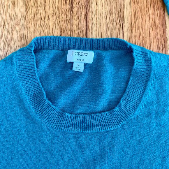 J Crew Factory Crew Neck Teddie Sweater Women’s Size Large Green Cotton Wool EUC - Picture 5 of 6